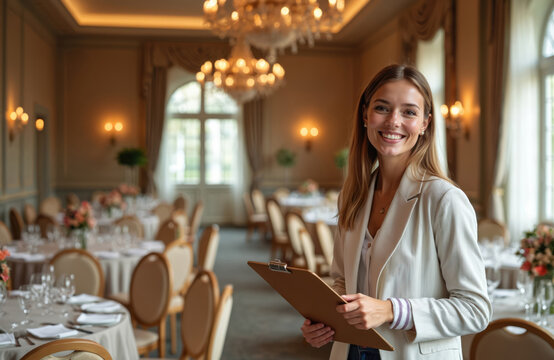 Smiling event manager with clipboard plans festivities in grand banquet hall. Professional coordinator checks festive tables, ensuring smooth celebration for special occasion. Focus on efficient
