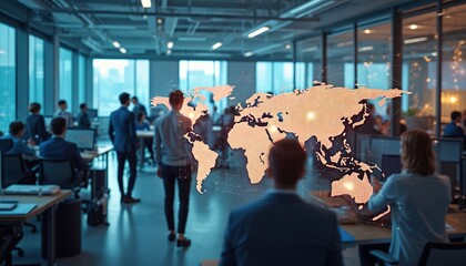 Global business people collaborate in modern office with digital world map overlay. Diverse team works on advanced technology projects, fostering international network, digital transformation in