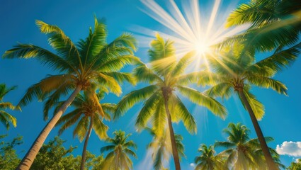 Palm Trees In The Rays Of The Sun with Coconut Palm Tree and Blue Sky, Sunbeams Shining Through Green Leaves.