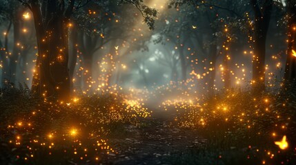 Glowing bokeh lights drift in misty woods, overgrowing path disappears to distant tree line