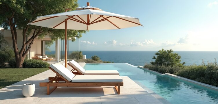 Luxurious coastal backyard retreat with infinity pool, sunbeds under umbrella. Serene ocean view, tranquil beachside patio. White wooden furniture, ceramic accents, plants. Idyllic summer vacation