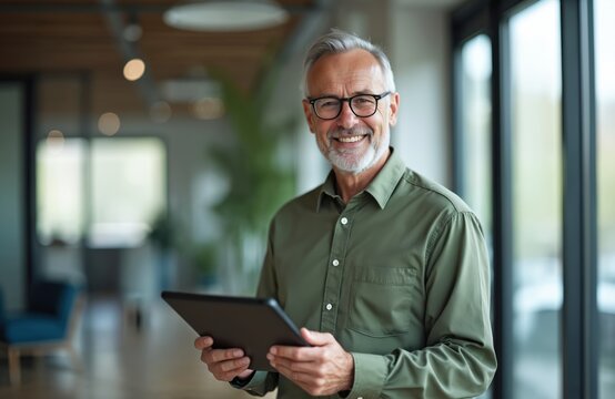 Smiling older businessman holds tablet computer in modern office. Mature, happy executive uses technology for work. Senior man with glasses and grey beard looks at camera, confident professional.