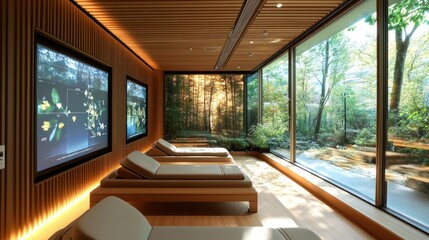 Fototapeta premium inviting wellness sanctuary featuring natural wood accents sleek loungers and captivating views of a lush forest offering a tranquil space for relaxation and rejuvenation