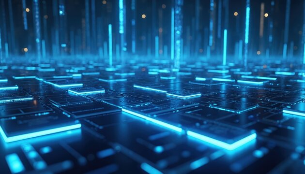 Abstract blue technology grid with glowing cubes, neon lights. Dark cyberspace floor with digital data streams. Modern computer network architecture, futuristic concept for business, finance, science.