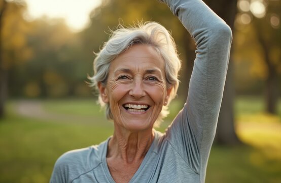 Happy elderly woman stretching arms in park during golden hour. Senior woman smiles confidently before morning workout outdoor training session. Active retirement lifestyle embracing fitness, health,