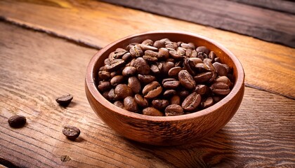 Fototapeta premium a heap of glossy coffee beans nestled in a rich textured wooden bowl