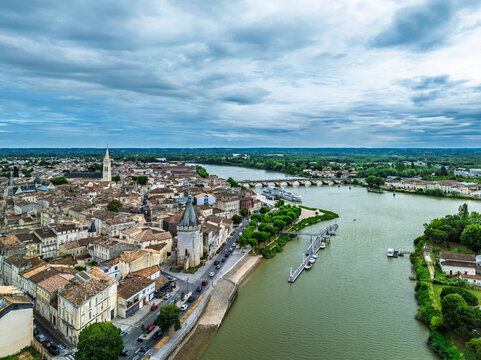 Libourne from a drone, Gironde, Nouvelle-Aquitaine, Saint-Emilion and Pomerol, Southwestern France, Europe