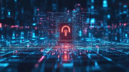 futuristic representation of digital protection emphasizing interconnected data streams and sophisticated security measures symbolized by a central glowing padlock icon