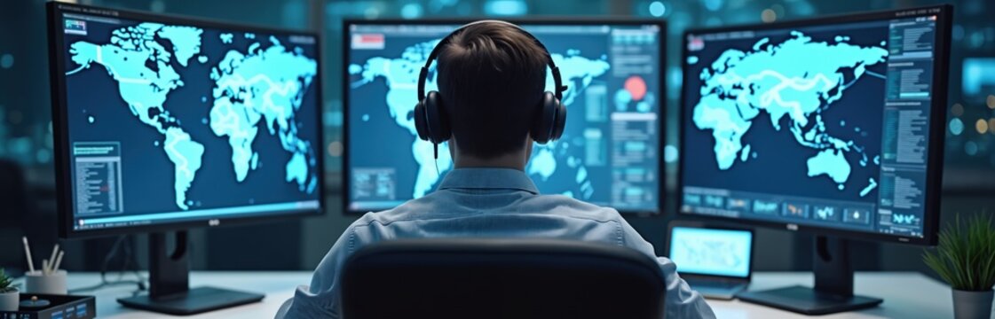 Pro monitors global data on multiple screens showing world maps. Focused on national security in high-tech control room environment. Analyzing information, planning strategy, facilitating
