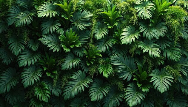 Rich vertical garden filled with tropical green plants, foliage. Features large leaves, delicate vines, varied green textures. Living wall offers natural, organic decoration for modern architecture,