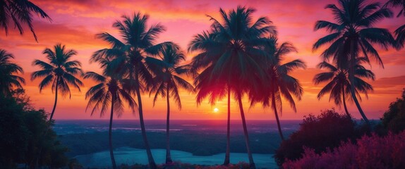 Palm Tree at Sunset with vibrant sky and silhouette of trees. Tropical landscape during evening. Calm and serene atmosphere at dusk.