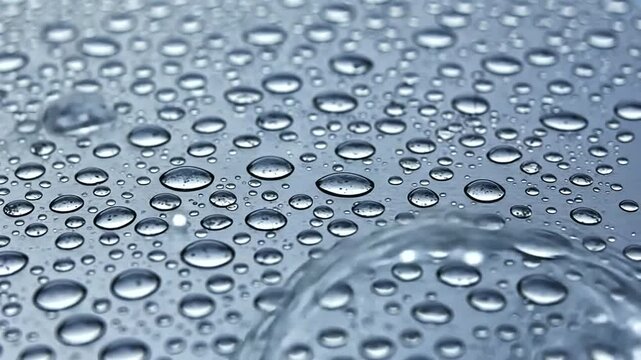 Water droplets cover a smooth, reflective surface Close up shot
