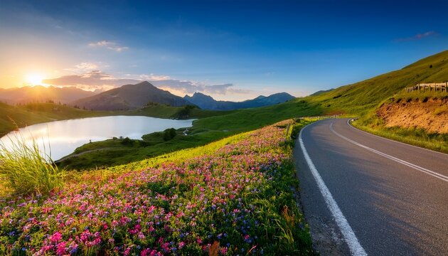 scenic winding road through lush green landscape and vibrant wildflowers next to a tranquil lake at sunset