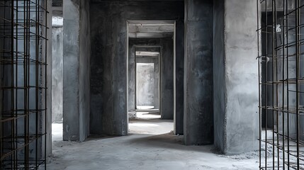 An interior shot of a house under construction, grey cement walls and steel rods visible, it is looks modern and elegant
