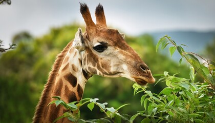 Obraz premium close up portrait of a giraffe amidst greenery in a natural habitat setting exhibiting unique features and expressions of wildlife