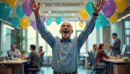 Elderly businessman joyfully celebrates retirement party in office with confetti and balloons. Colleagues join celebration, marking end of career. Enthusiasm, happiness, satisfaction evident.
