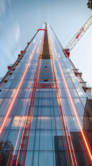 Close-up of a modern skyscraper under construction, laser level equipment measuring vertical alignment, a digital inclinometer display visible, sky background