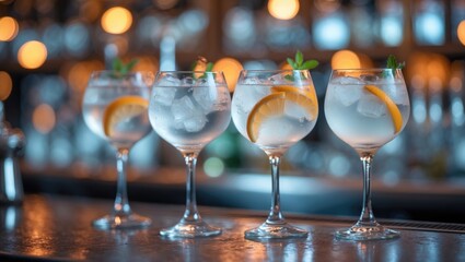 Gin Tonic Cocktails In Wine Glasses On Bar Counter