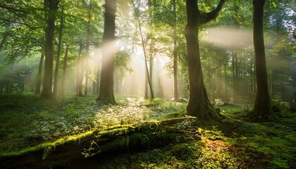 enchanted forest with soft light filtering through lush green trees and mystical atmosphere