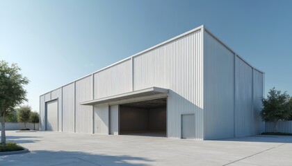 Fototapeta premium Grey building with white stripes, minimalist modern architecture exterior design. Large rectangular warehouse structure with clear blue sky, line of trees in background. Street perspective looking