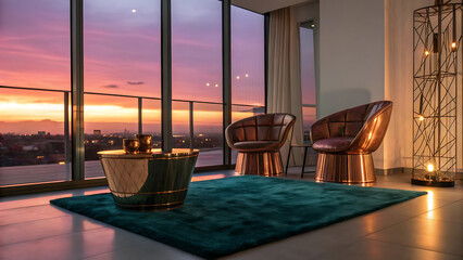 Stylish Sunset View Inside Luxury House with Teal Rug and Lavender Sky