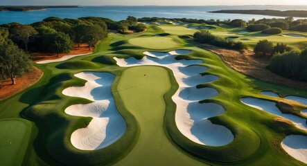 Aerial view of golf course bunkers with water hazards and lush greens near the coast.