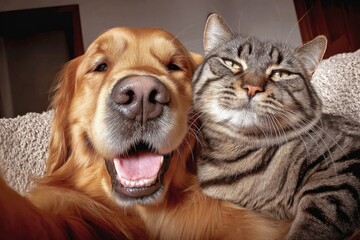 Naklejka na ściany i meble Close-up of a happy golden retriever and a relaxed tabby cat sitting together indoors on a couch, showcasing friendship and companionship between pets
