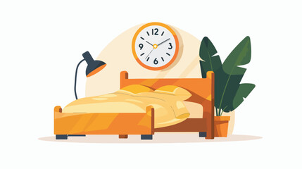Wake Up Call: Flat Vector Illustration of an Alarm Clock, Sunrise, and Coffee icon time work goal   