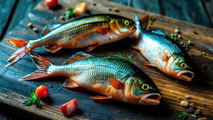 Three smoked vendace fish on wooden background with empty copy space for text.