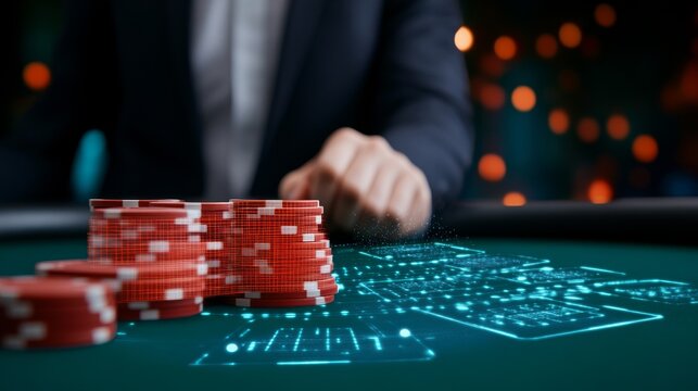 AI Gambling Red Casino Chips on Digital Table, Algorithm, Casino, AI - Powered by Adobe