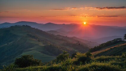 Amazing Sunrise and Sunset in Hill with vibrant sky and mountain landscape.