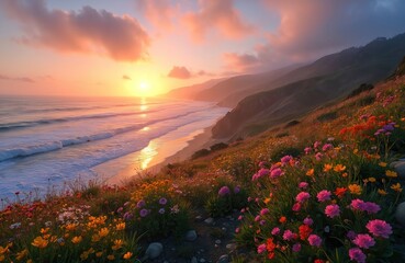 Colorful wildflowers blanket rolling hills of Big Sur coastline during vibrant sunset. Pacific Ocean waves gently kiss sandy shore. Golden hour light illuminates blooming landscape, painting sky with