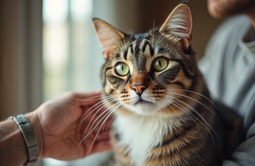Man gently caresses tabby cat face at home. Unrecognizable owner pets fluffy feline friend with love and tenderness. Close-up of hand on adorable mammal showing friendship and animal care.