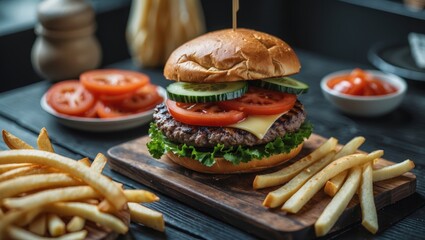 Beef Burger with Tomato, Cucumber, Cheese, and Sauce served on a Cutting Board on a Black Wooden Table, with French Fries and Empty Copy Space for Text
