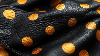 Close-up view of black leather with gold polka dots.
