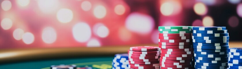 Fototapeta premium Casino Chips Stacked on Table with Bokeh Background, gambling ,poker