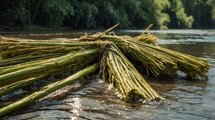 Freshly harvested jute stalks being soaked in river water — green, yellow, and earthy tones, top or side view 2