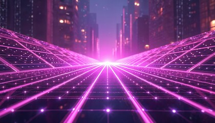 Futuristic solar panel array glows with vibrant purple, pink illumination. Clean energy technology in modern city skyline, innovation, sustainable power generation. Advanced eco design, bright
