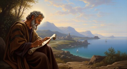 Fototapeta premium Manuscript writer art painting of scribe with scroll at seaside landscape with mountains and ocean view