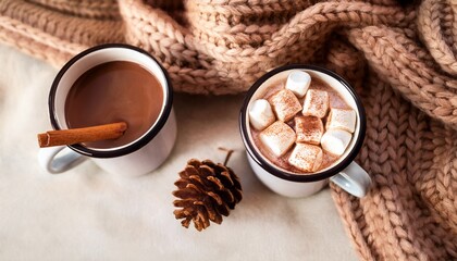 cozy autumn two mugs of hot chocolate with marshmallow cinnamon stick and cocoa powder with coffee cup pinecone and beige knitted blanket