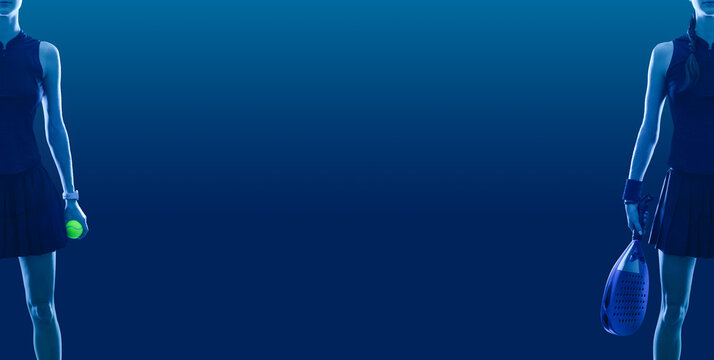 Padel tennis player with racket on tournament. Girl athlete with paddle racket on court with neon colors. Sport concept. Horizontal banner with copy space. - Powered by Adobe