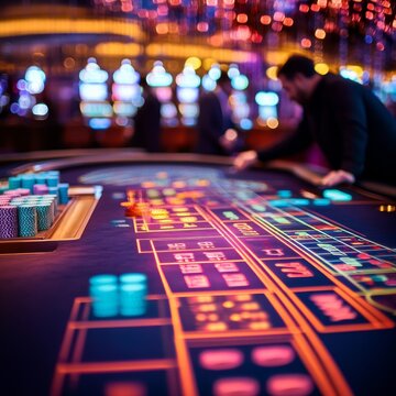 Casino Roulette Table with Chips and Dealer in Blurred Background,Gambling , Las Vegas