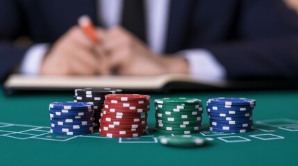 Naklejka premium Casino Strategy Colorful Chips and Player Planning Notes, Gambling, Wager