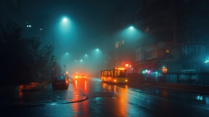 Obraz premium City bus driving through foggy night street wet pavement reflections