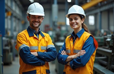 Male engineer and female mechanic in hard hats and safety vests. They stand in a factory, arms crossed, smiling. Represents technical training, vocational education, and teamwork in manufacturing.