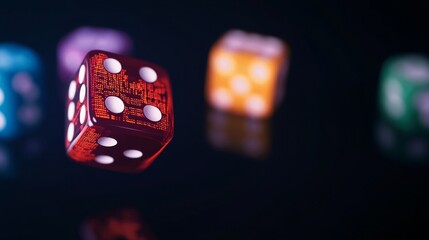 Colorful Dice Game Close-up on Red Die,Black background , Gambling, Luck