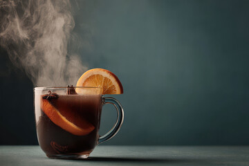 steaming cup of hot mulled wine garnished with orange slices and aromatic spices on clean background