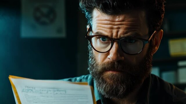 Detective intently reads documents with serious expression