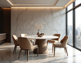 Modern minimalist dining room features round marble table, beige leather chairs, marble walls, wood cabinets, city view. Contemporary interior design offers luxury living space. Natural light