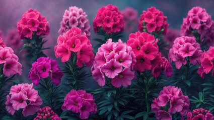 Fototapeta premium Trendy Fuchsia Phloxes with Bright, Incredible Explosion of Color, Suitable for Advertising, Screen, Background, Banner, Label, Design, Web, Wallpaper, Prints, Cosmetology, with Empty Copy Space fo...
